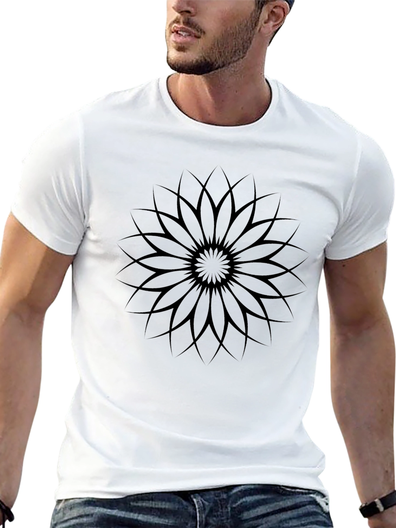 Black Graphic Tee - Geometric Flower Design