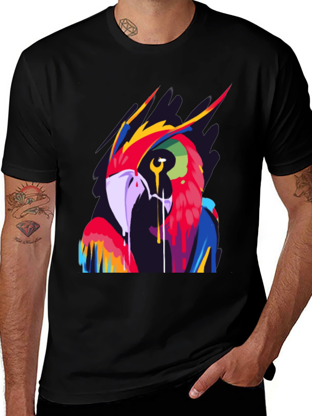 Vivid Parrot Graphic Tee - Stylish Mens Black T-Shirt