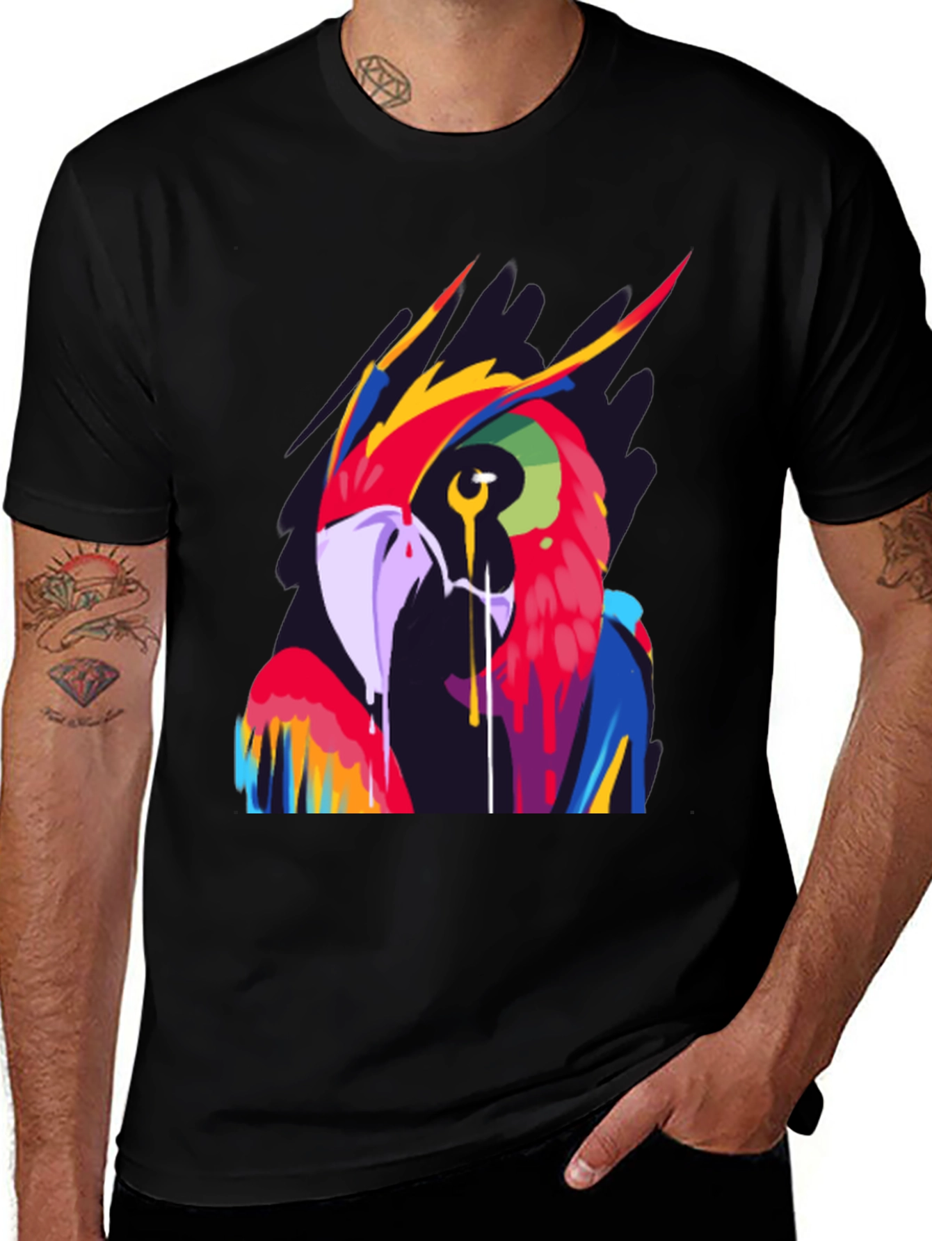 Vivid Parrot Graphic Tee - Stylish Mens Black T-Shirt