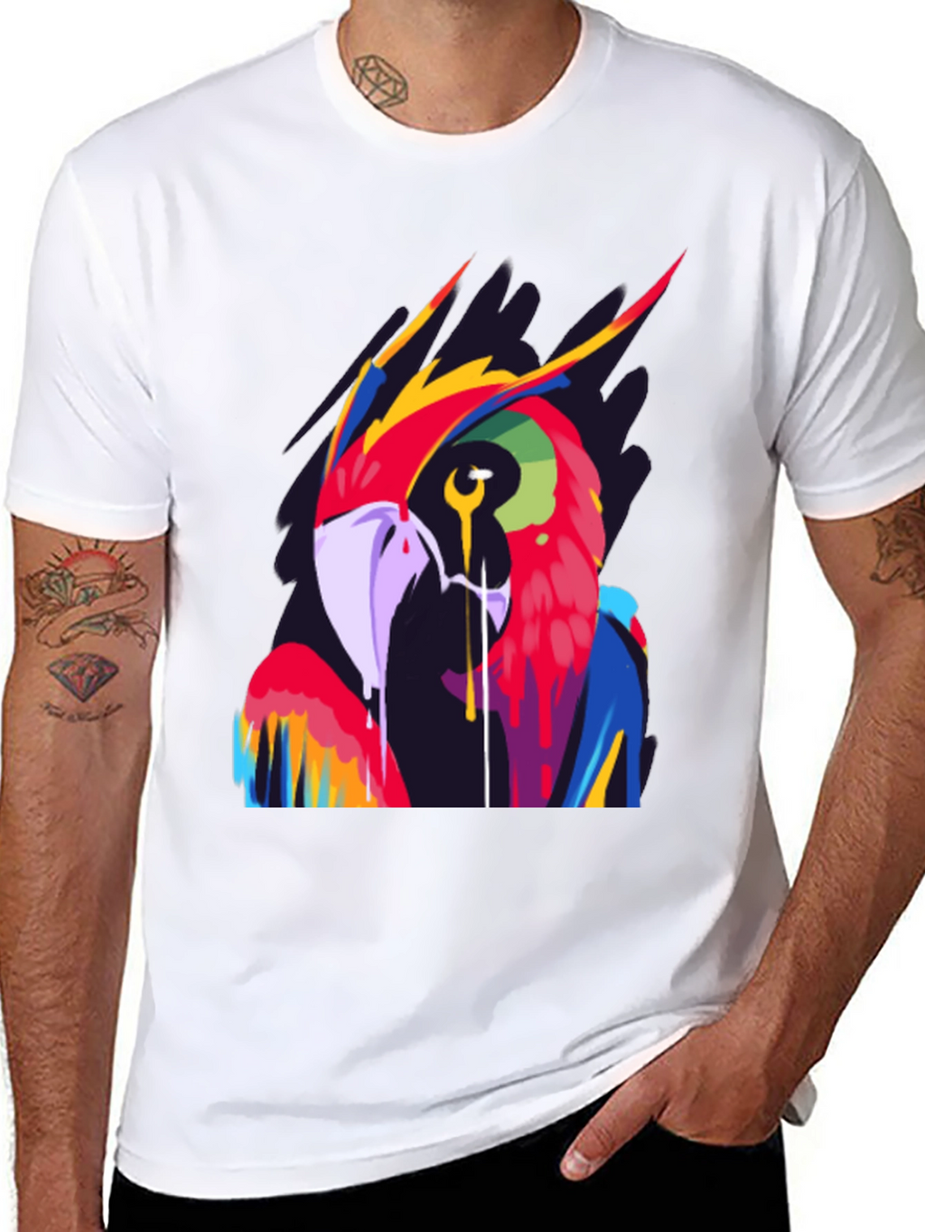 Vivid Parrot Graphic Tee - Stylish Mens Black T-Shirt