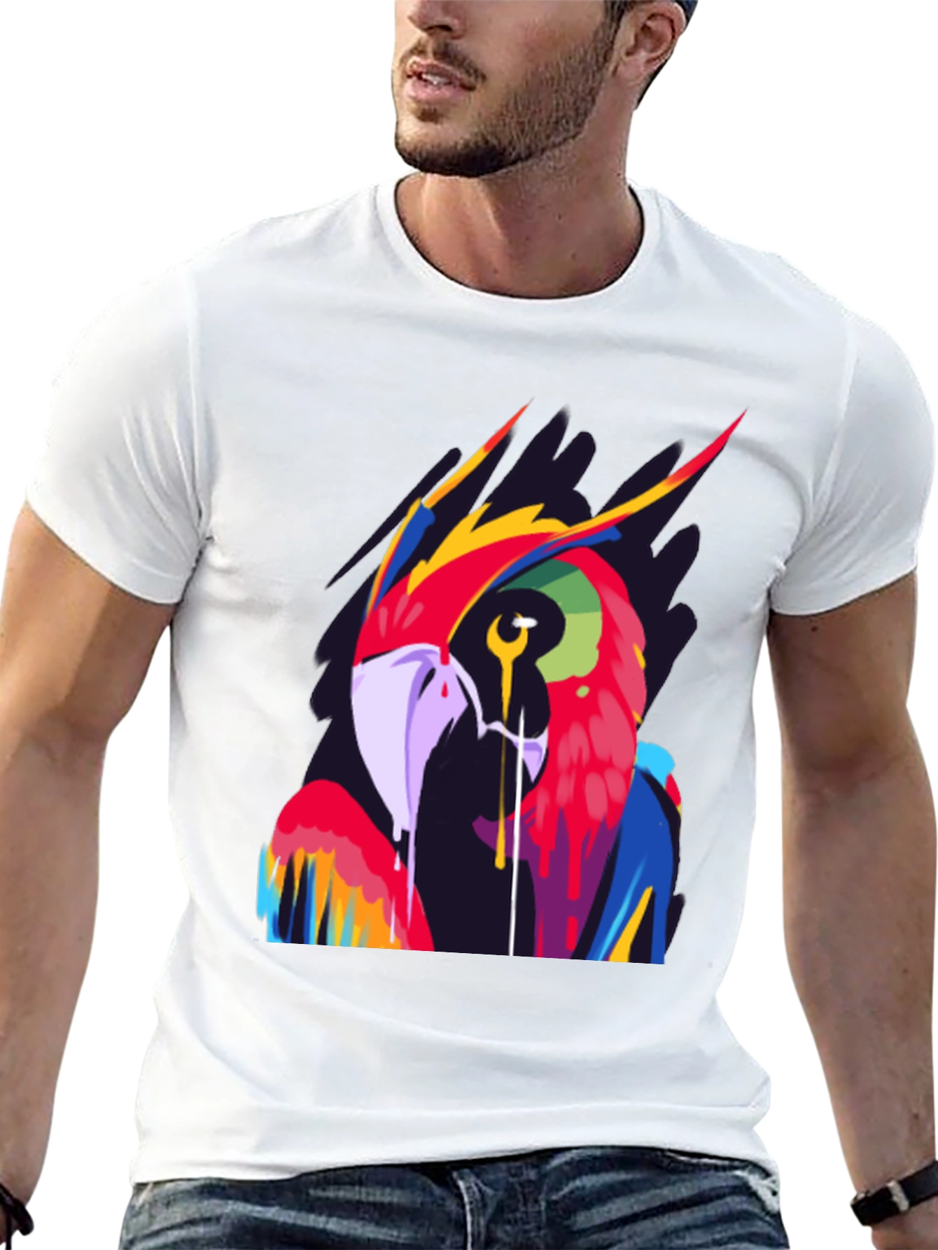 Vivid Parrot Graphic Tee - Stylish Mens Black T-Shirt