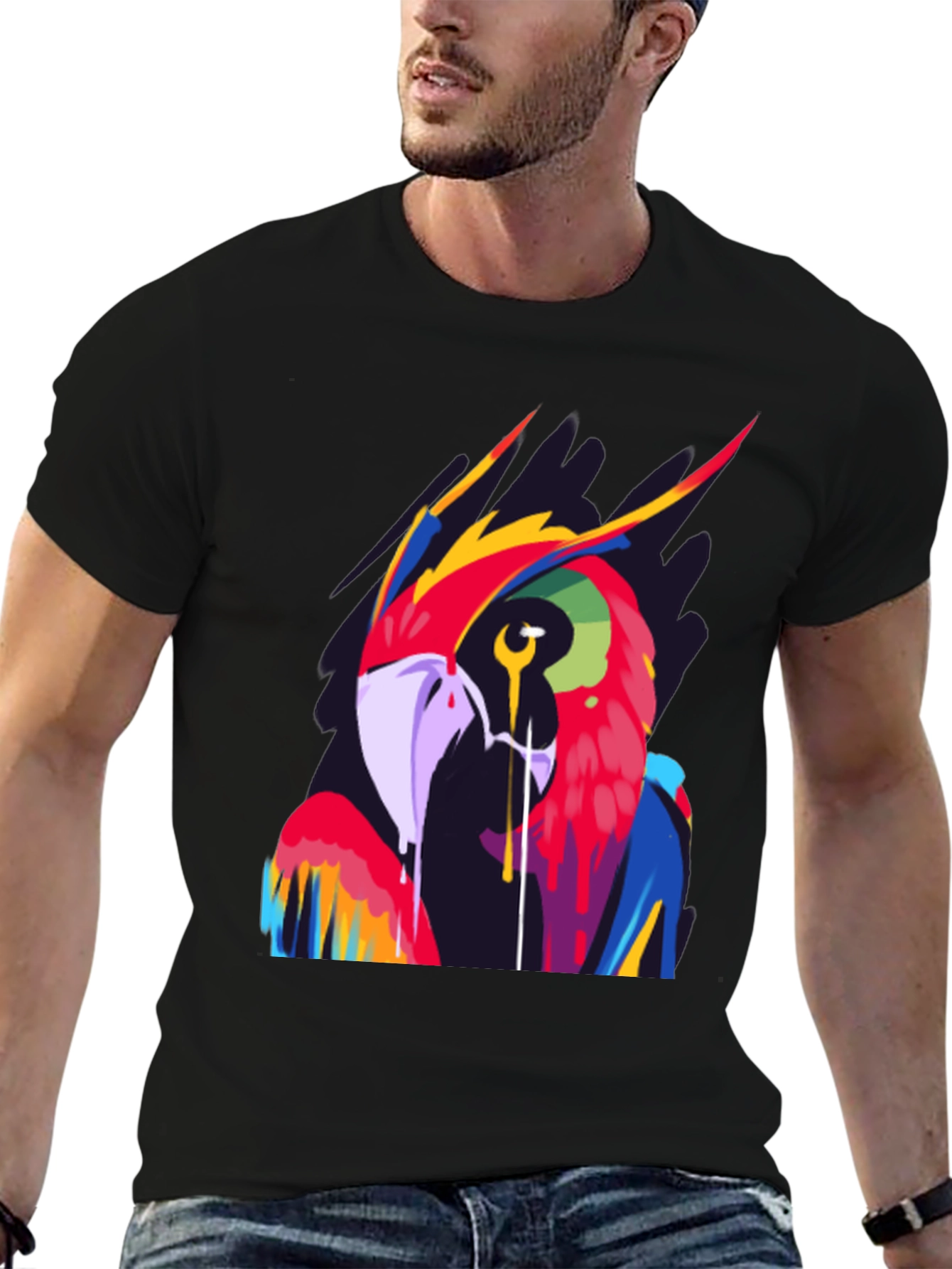 Vivid Parrot Graphic Tee - Stylish Mens Black T-Shirt