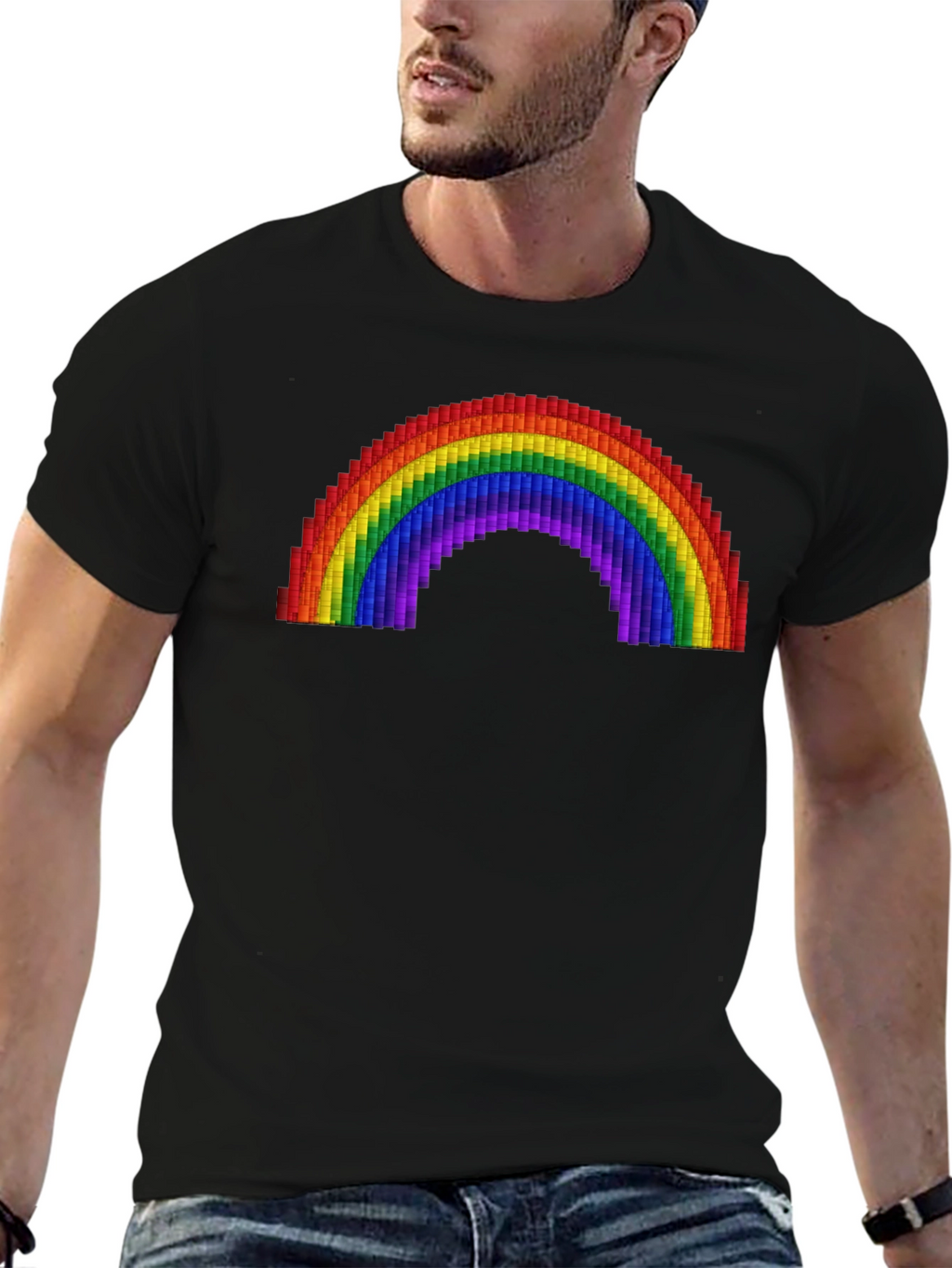 Pixel Rainbow Graphic Tee - Black Cotton Comfort