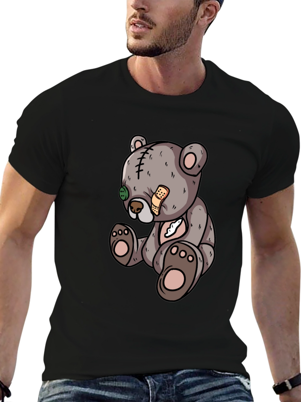 Cartoon Teddy Bear Graphic Black T-Shirt