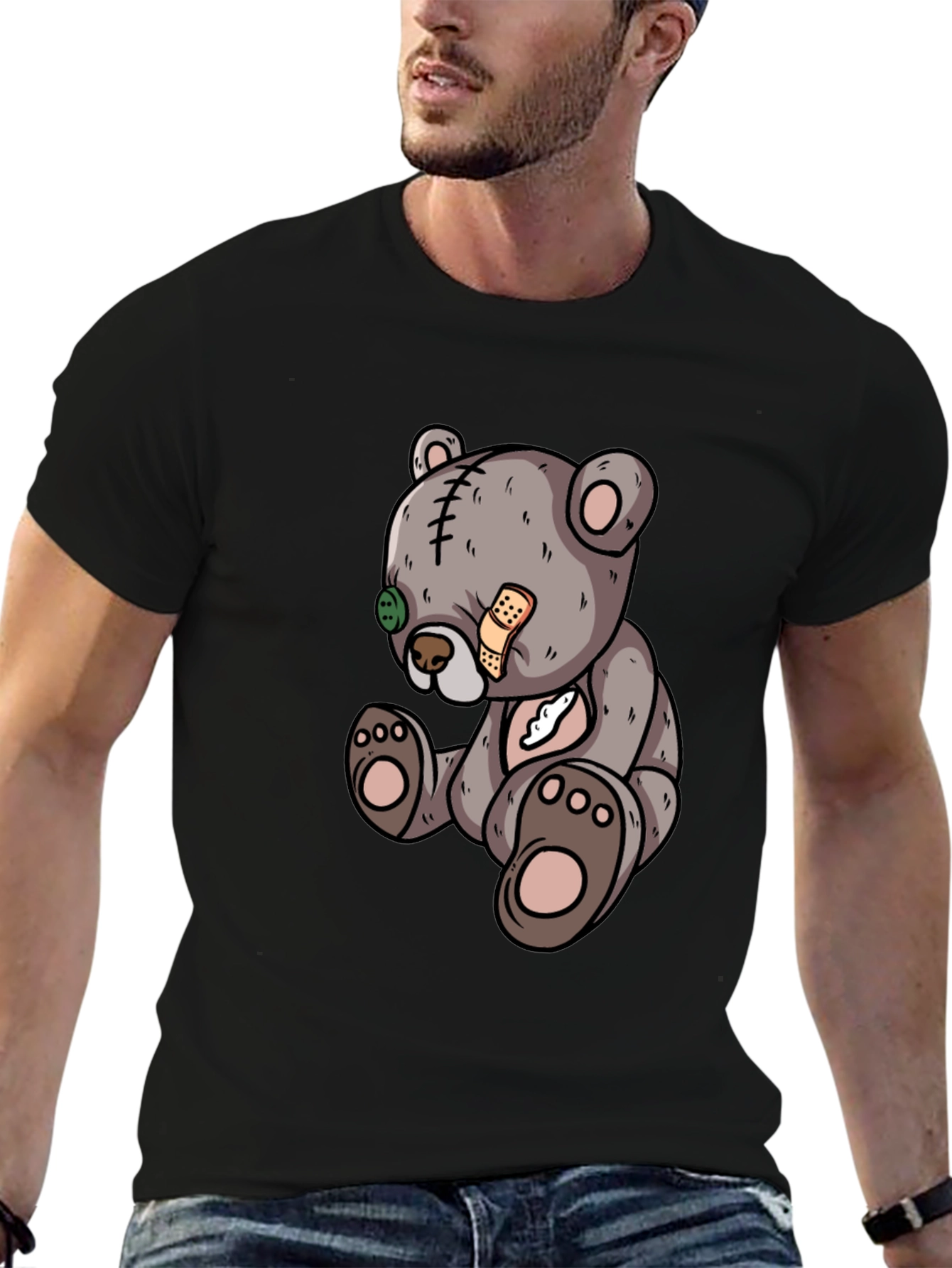 Cartoon Teddy Bear Graphic Black T-Shirt