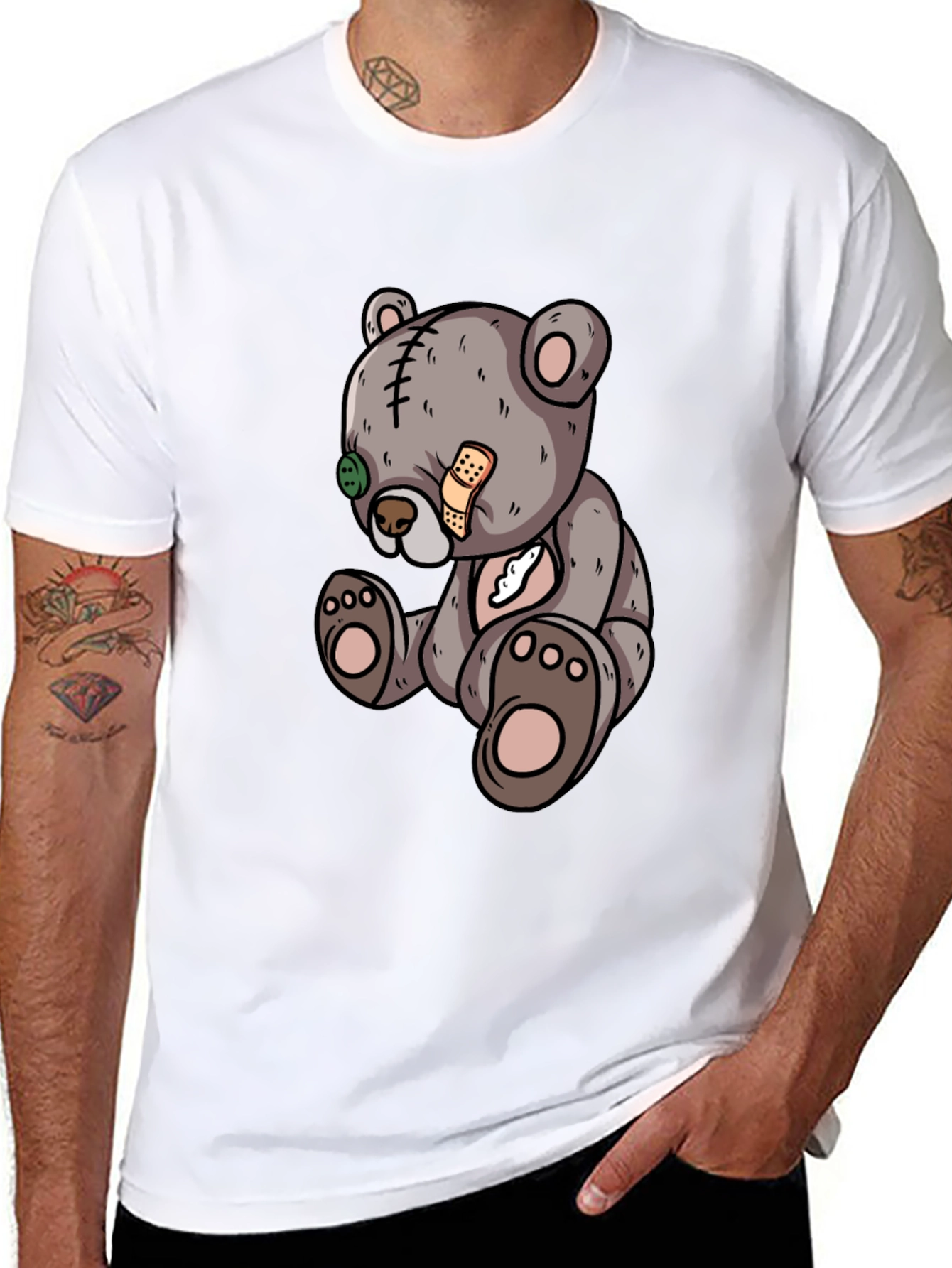 Cartoon Teddy Bear Graphic Black T-Shirt