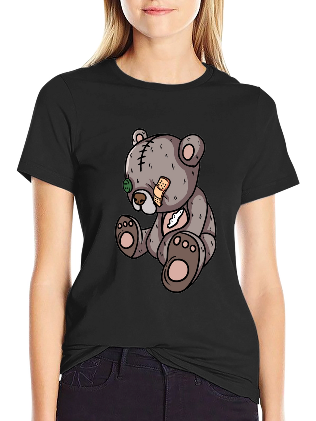 Cartoon Teddy Bear Graphic Black T-Shirt