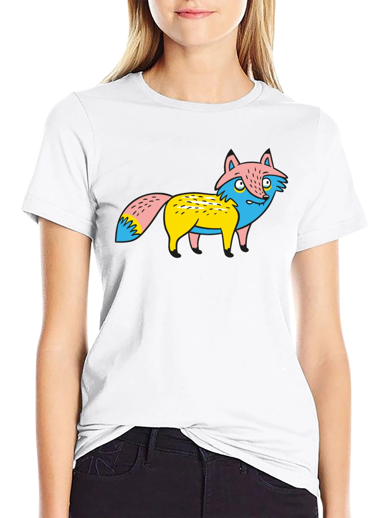 Cartoon Fox Graphic Tee - Unique Print Black Shirt