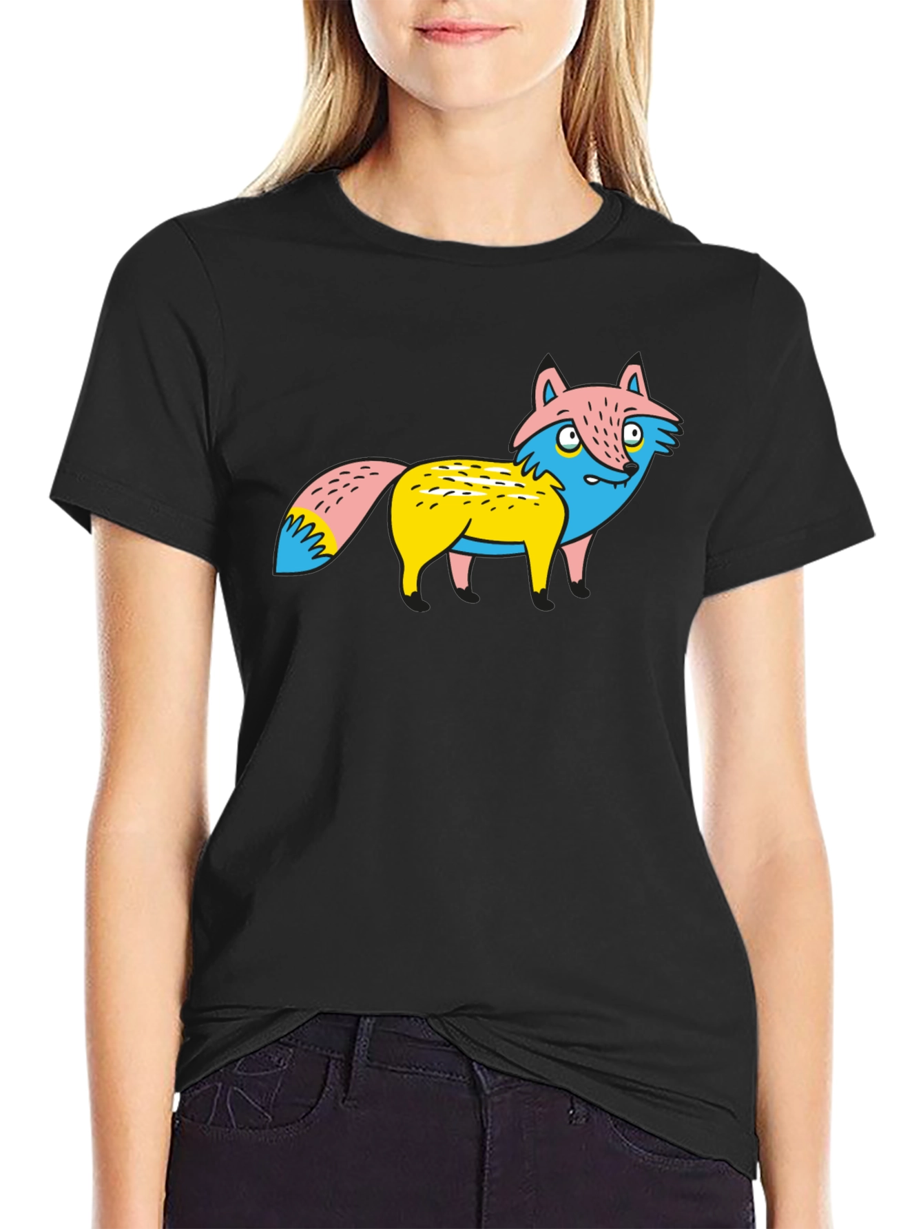 Cartoon Fox Graphic Tee - Unique Print Black Shirt