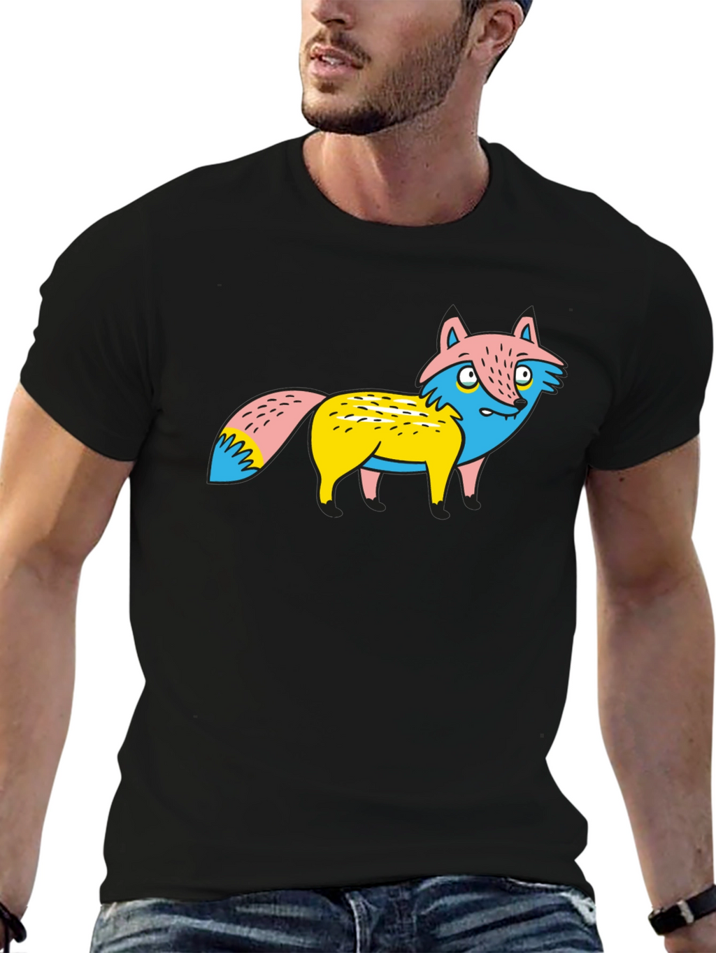 Cartoon Fox Graphic Tee - Unique Print Black Shirt