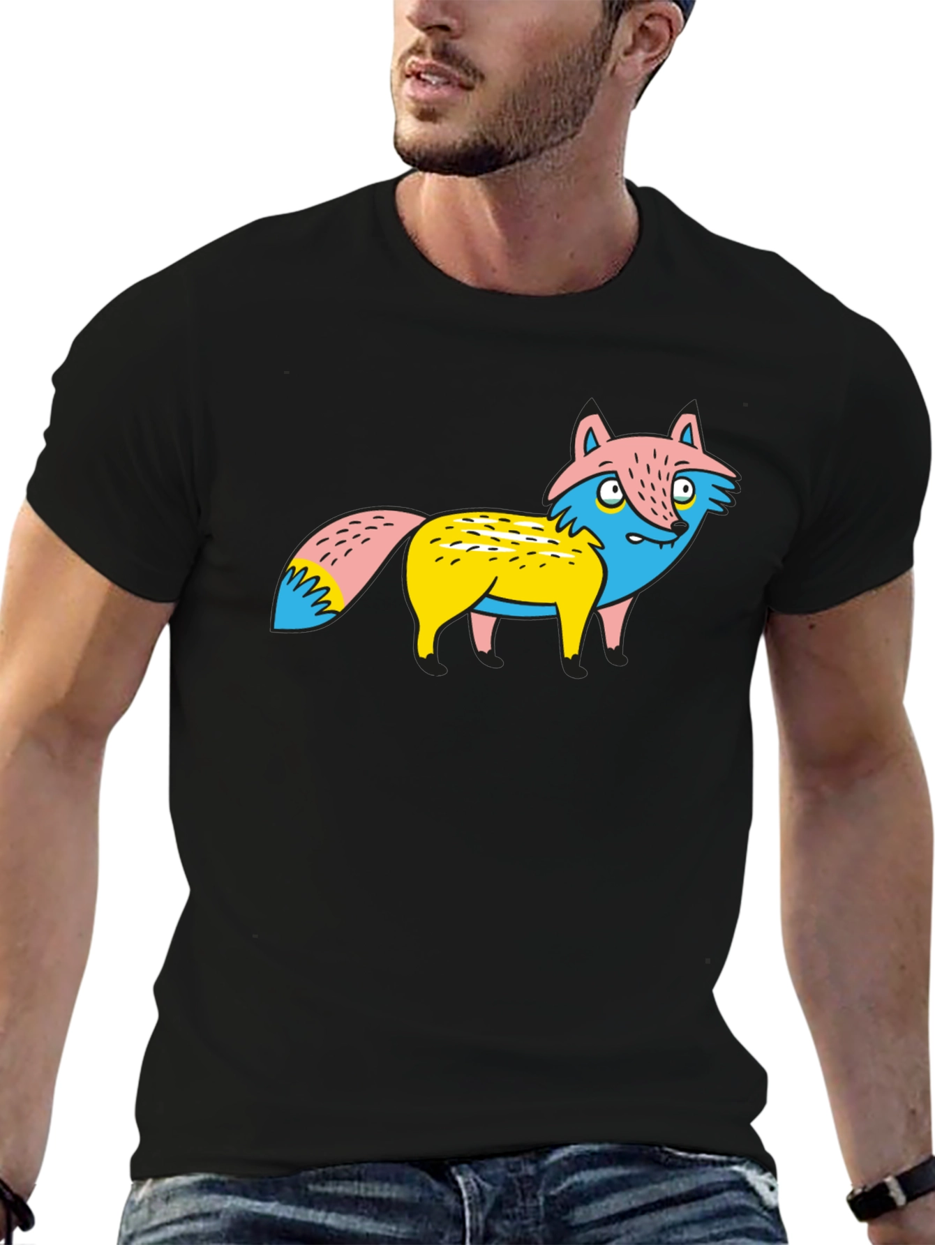 Cartoon Fox Graphic Tee - Unique Print Black Shirt