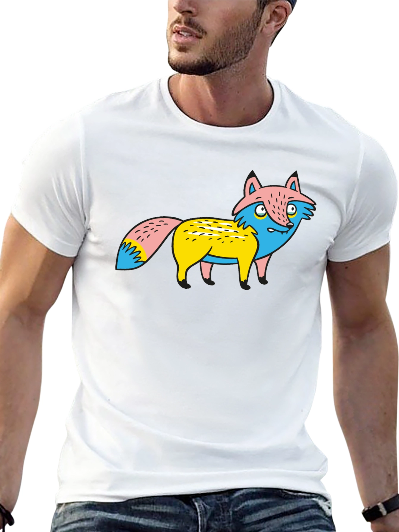 Cartoon Fox Graphic Tee - Unique Print Black Shirt
