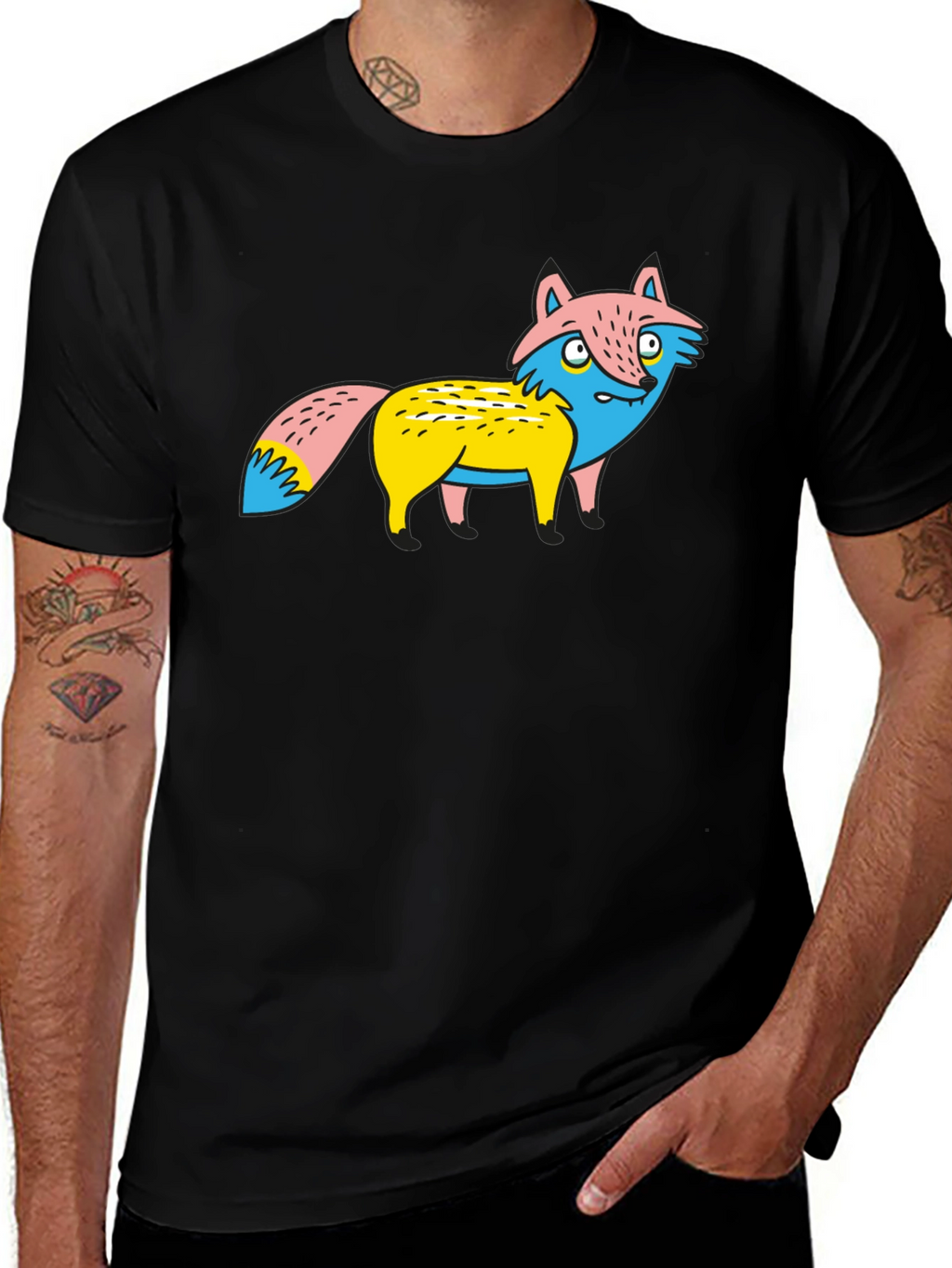 Cartoon Fox Graphic Tee - Unique Print Black Shirt
