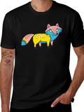 Cartoon Fox Graphic Tee - Unique Print Black Shirt