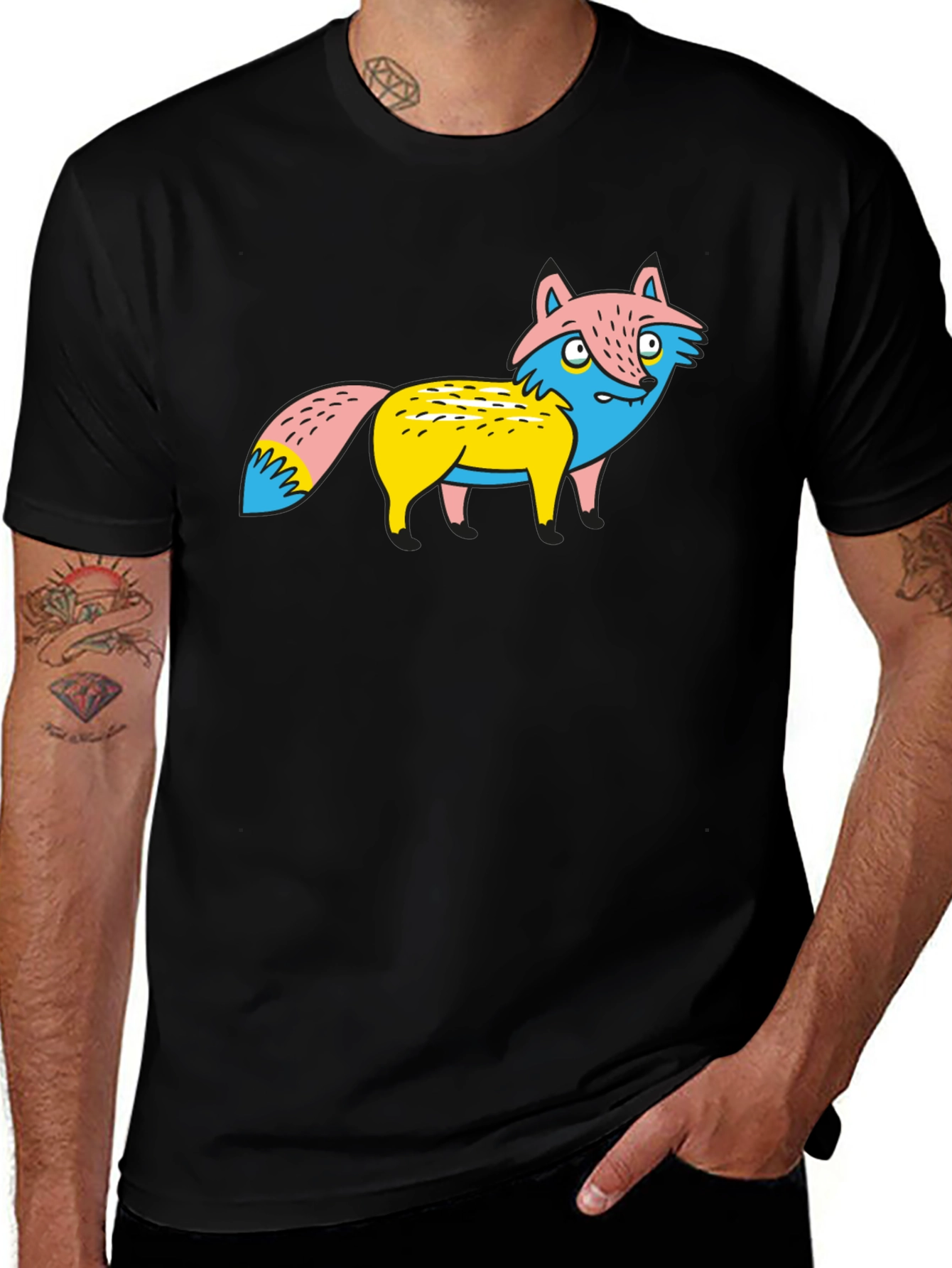 Cartoon Fox Graphic Tee - Unique Print Black Shirt