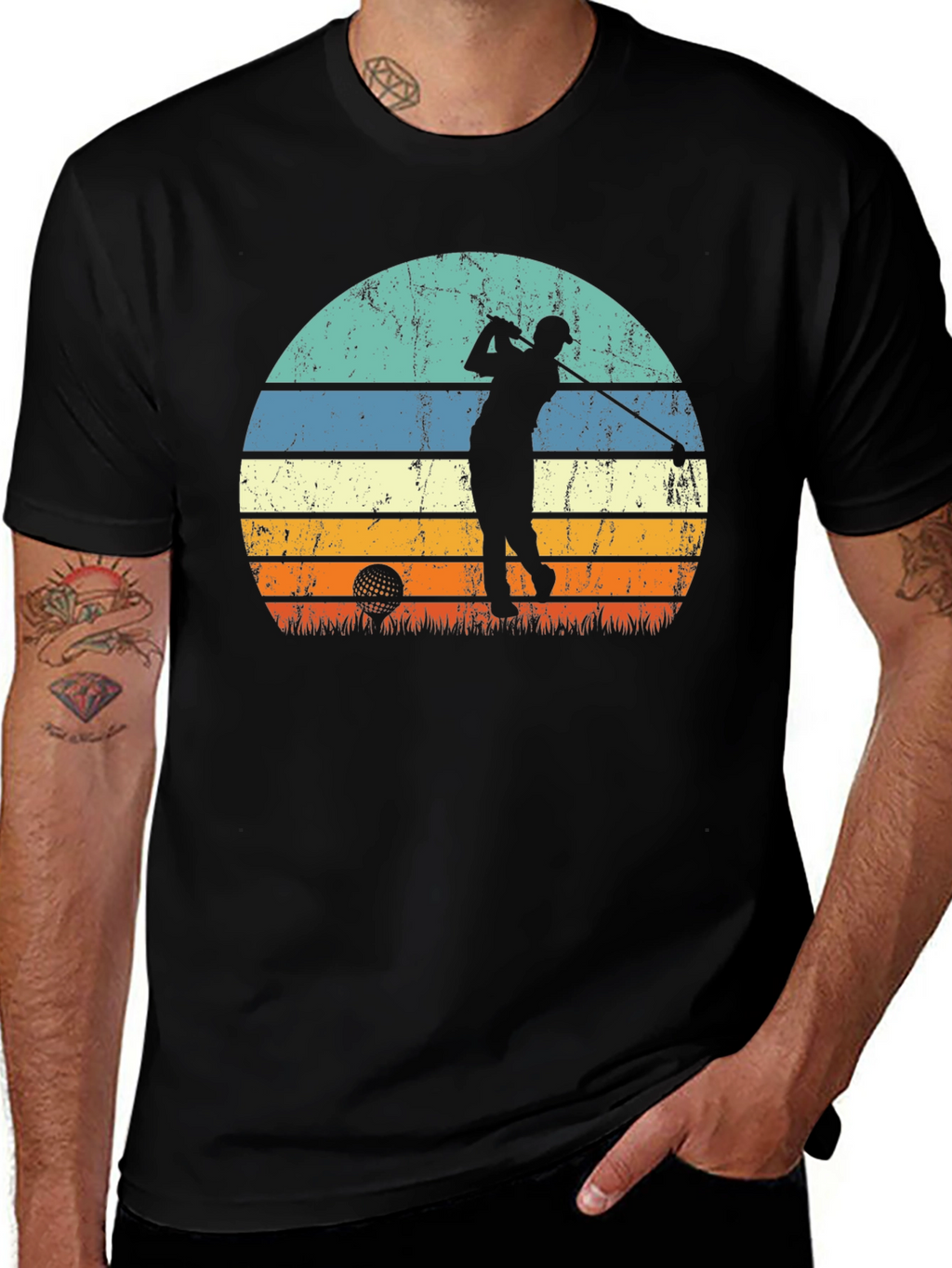 Retro Golf Sunset Tee - Black Graphic T-Shirt