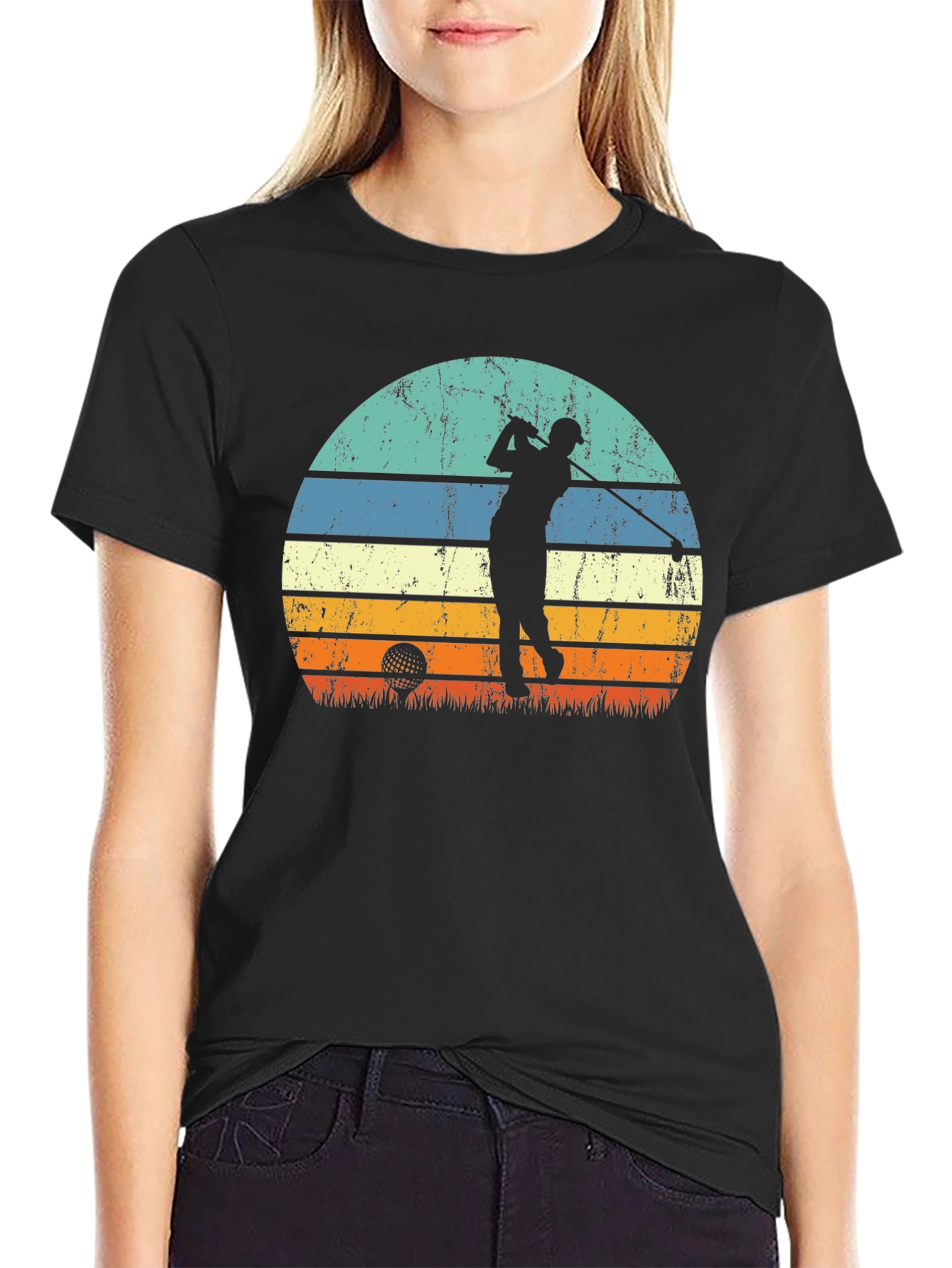 Retro Golf Sunset Tee - Black Graphic T-Shirt