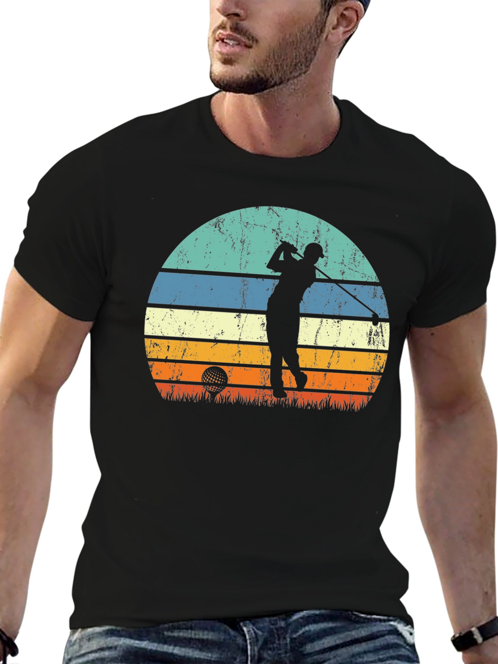 Retro Golf Sunset Tee - Black Graphic T-Shirt