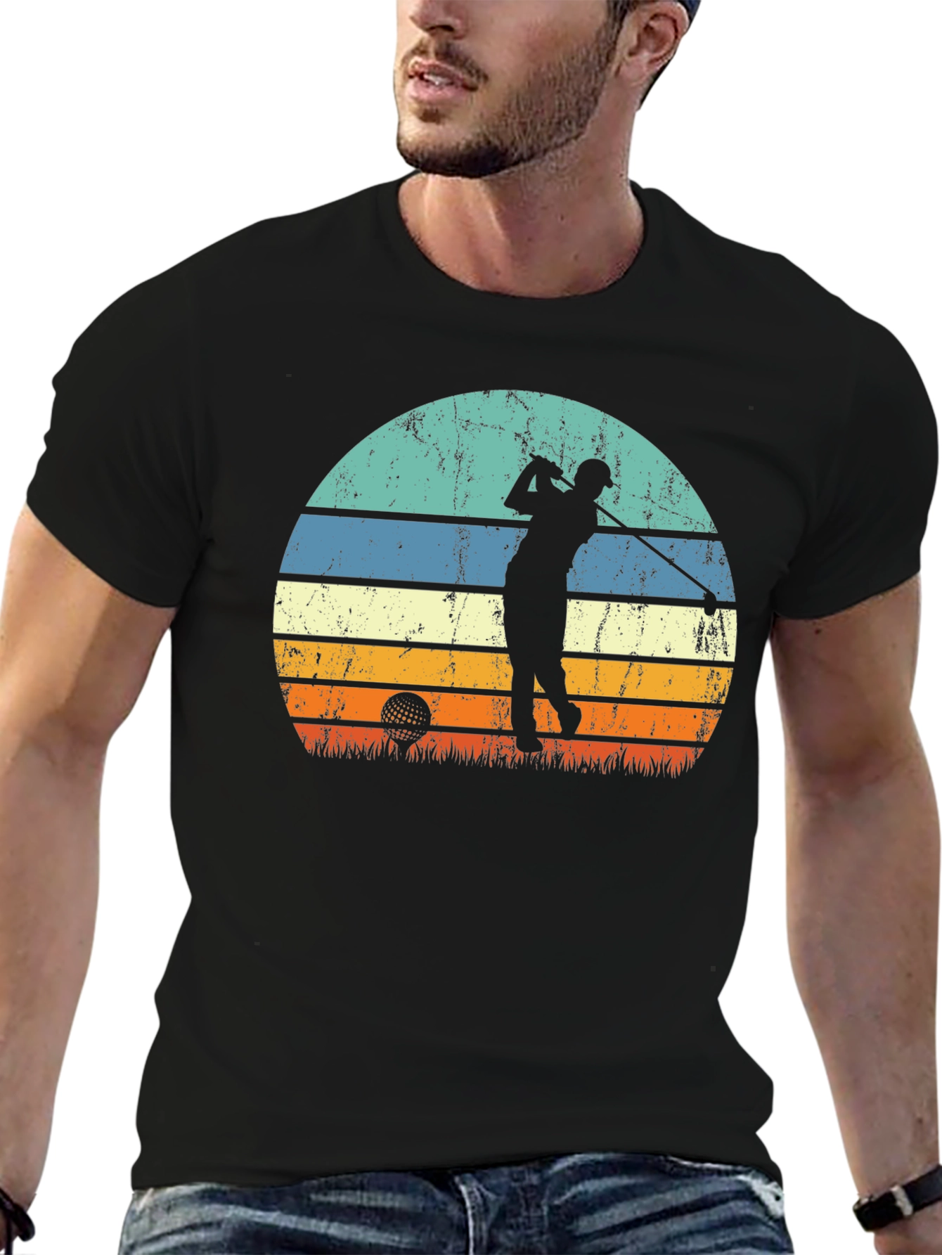 Retro Golf Sunset Tee - Black Graphic T-Shirt