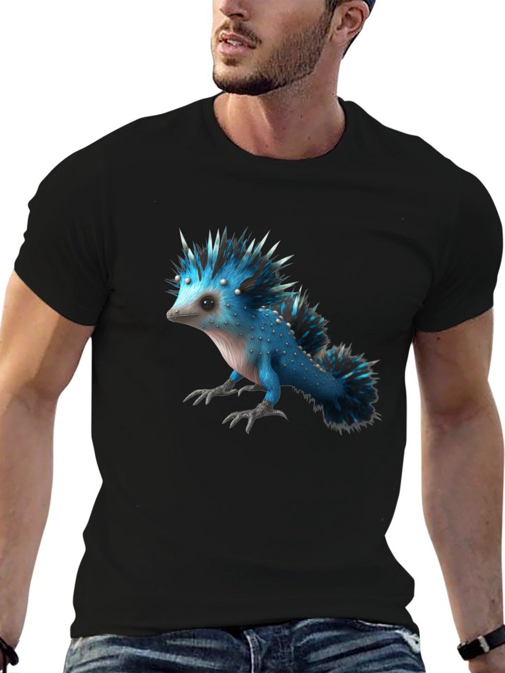 Mens Black T-Shirt with Blue Creature Graphic