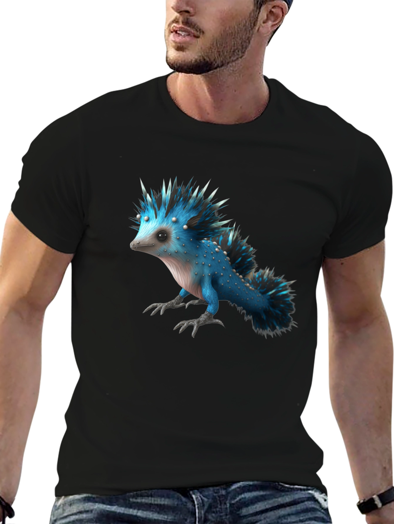Mens Black T-Shirt with Blue Creature Graphic