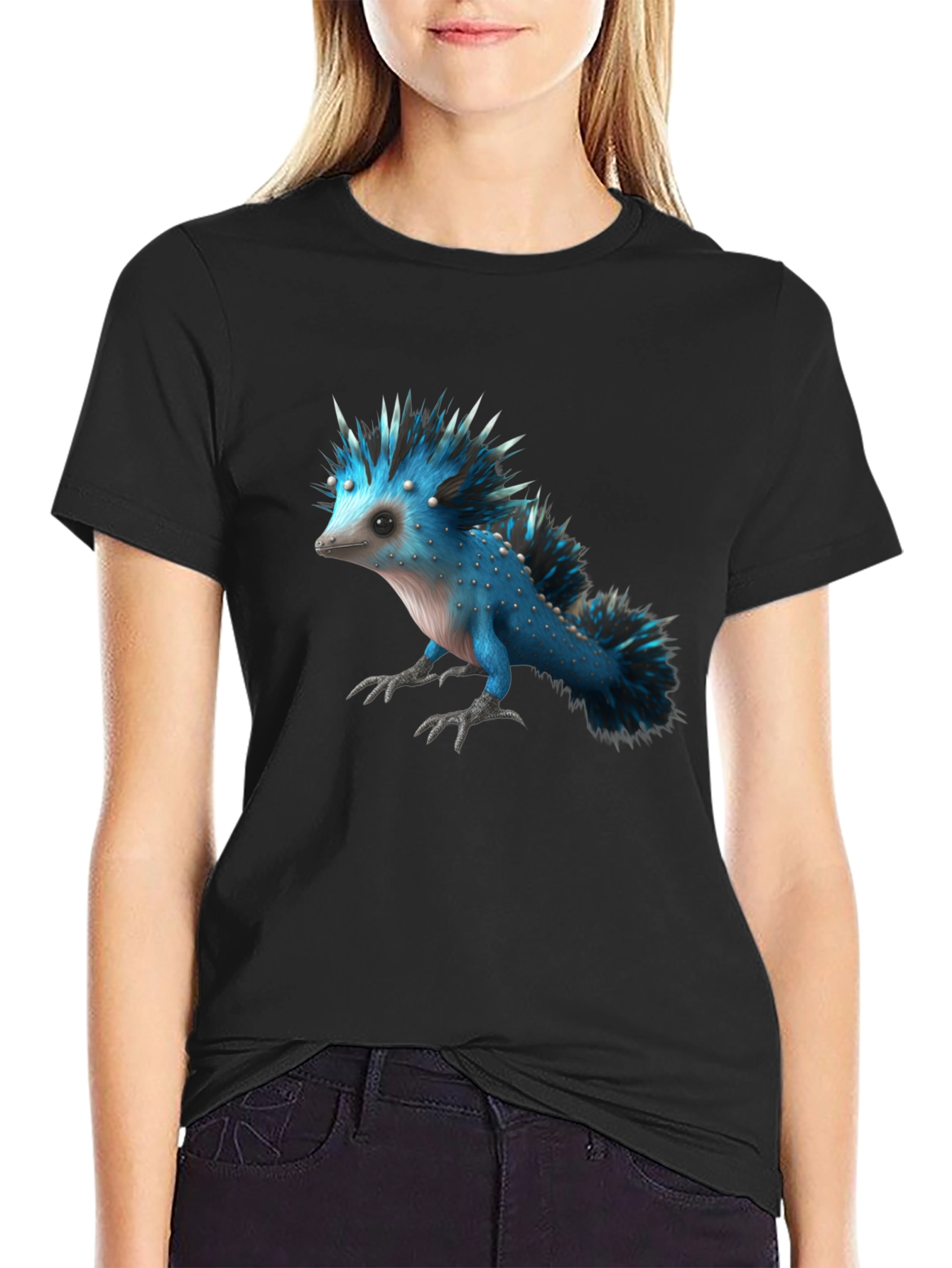 Mens Black T-Shirt with Blue Creature Graphic