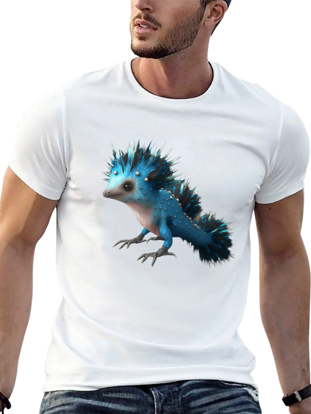 Mens Black T-Shirt with Blue Creature Graphic