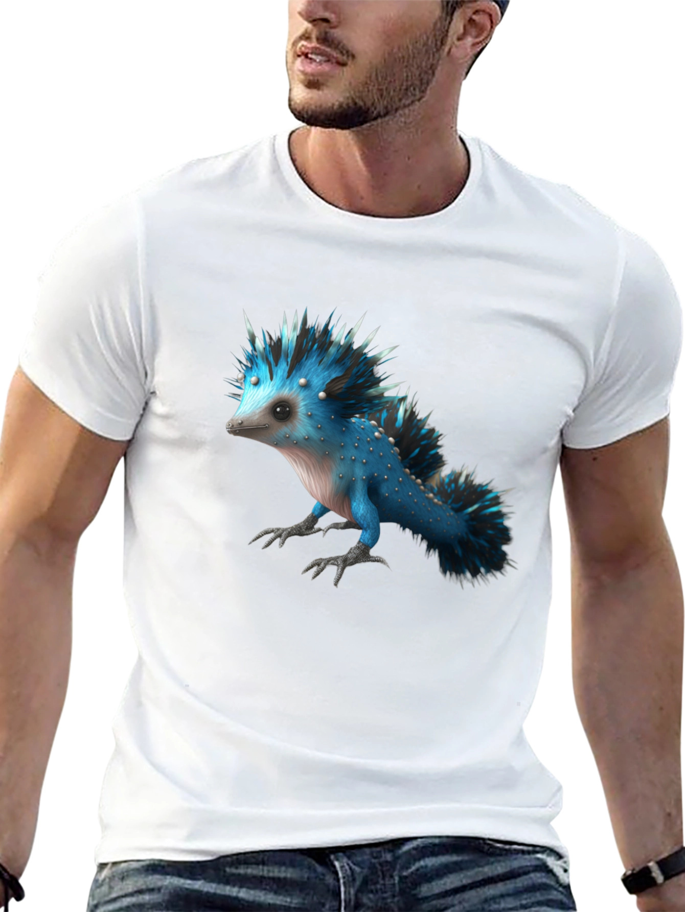 Mens Black T-Shirt with Blue Creature Graphic