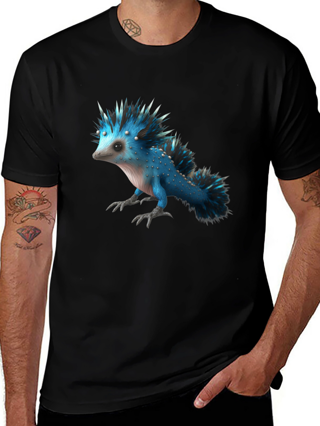 Mens Black T-Shirt with Blue Creature Graphic