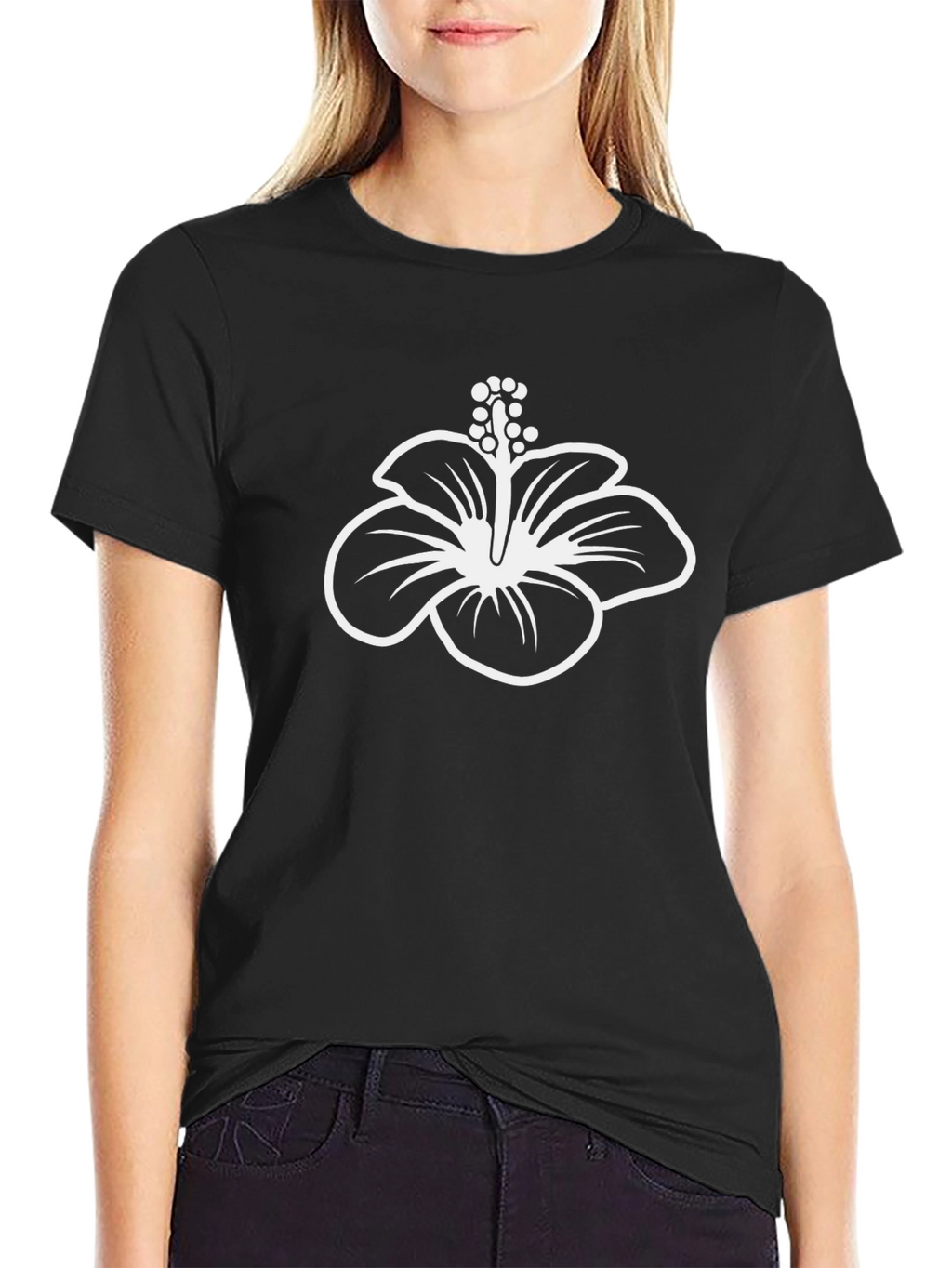 Black T-Shirt with Hibiscus Flower Graphic