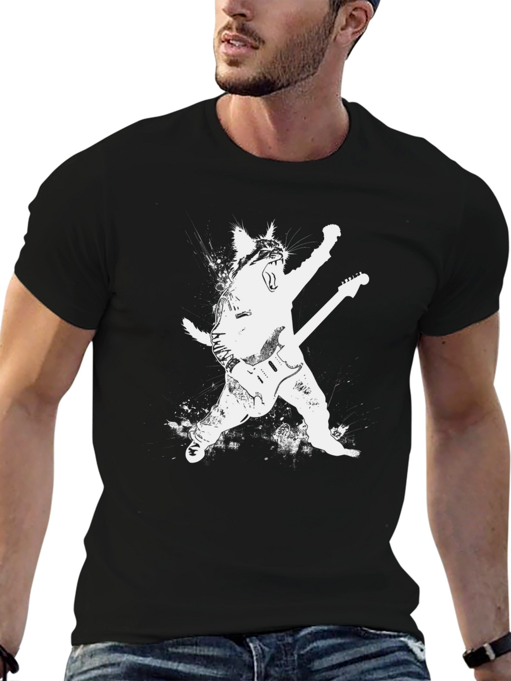 Rock Cat Graphic Tee - Black Unisex Shirt