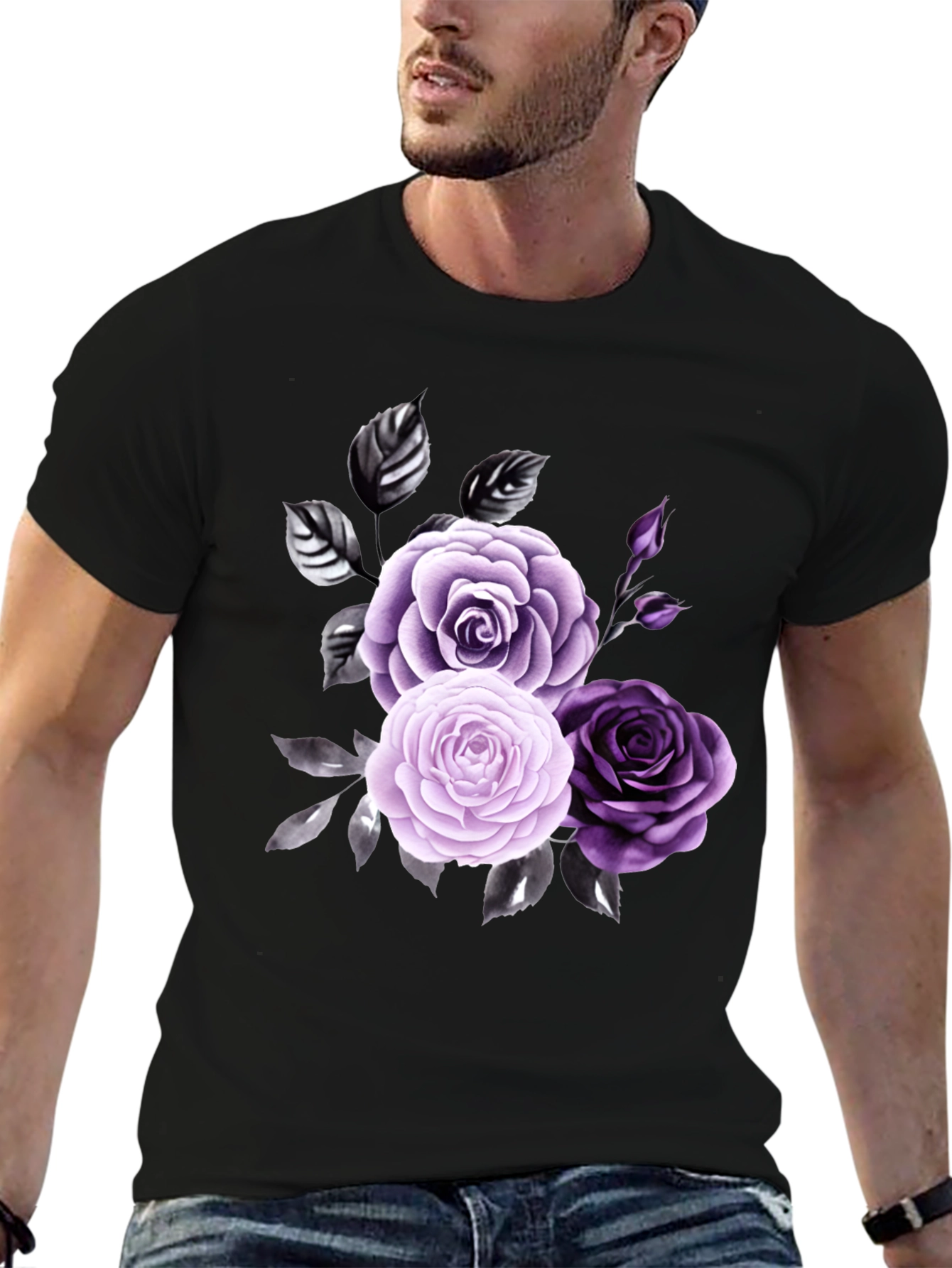 Floral Rose Graphic Tee - Stylish Mens Black T-Shirt