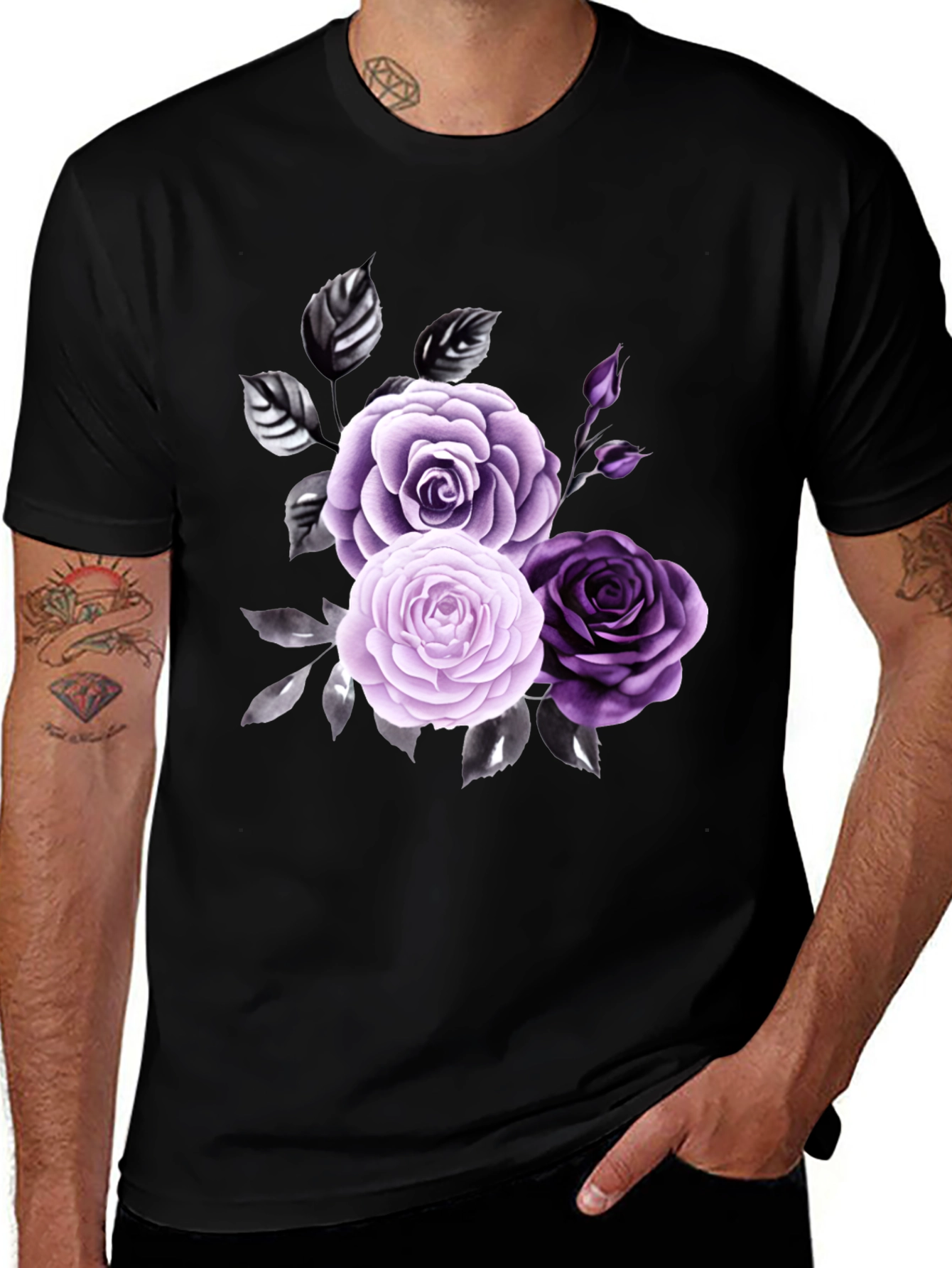 Floral Rose Graphic Tee - Stylish Mens Black T-Shirt