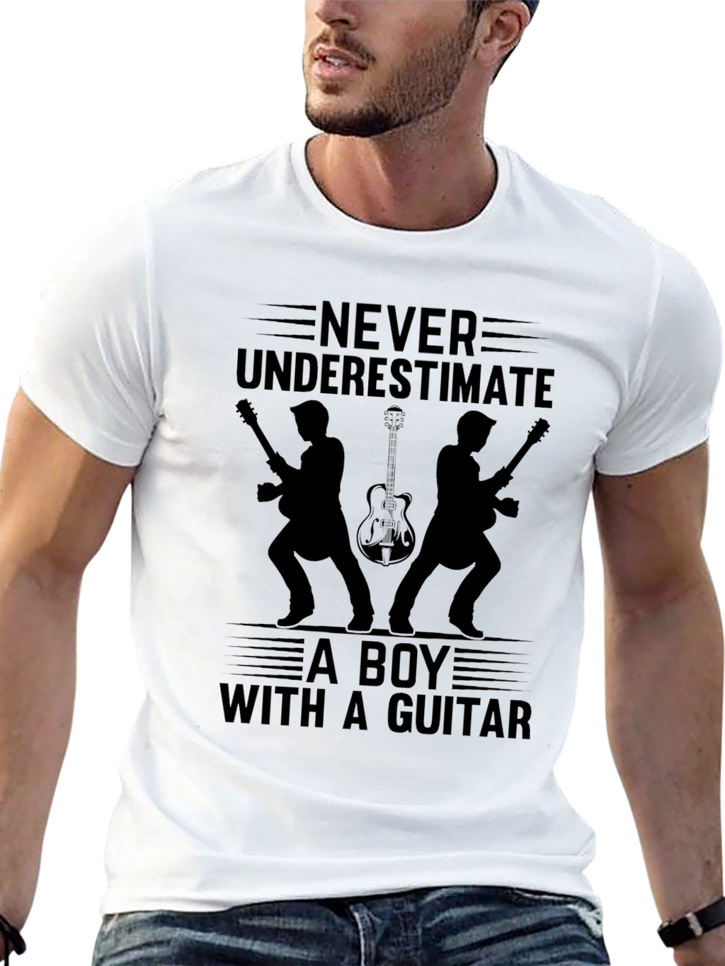 Never Underestimate Boy With Guitar Black T-Shirt
