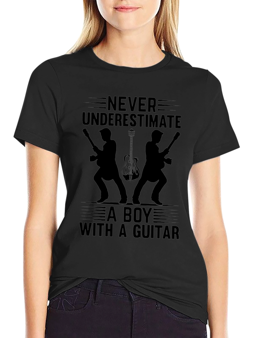 Never Underestimate Boy With Guitar Black T-Shirt
