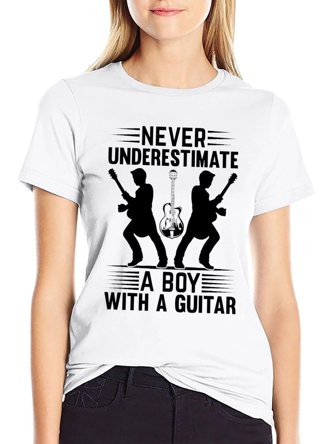 Never Underestimate Boy With Guitar Black T-Shirt