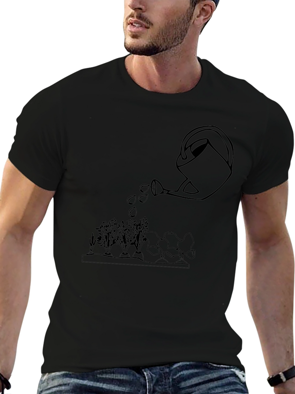 Gardening Tee: Watering Can Graphic Black T-Shirt