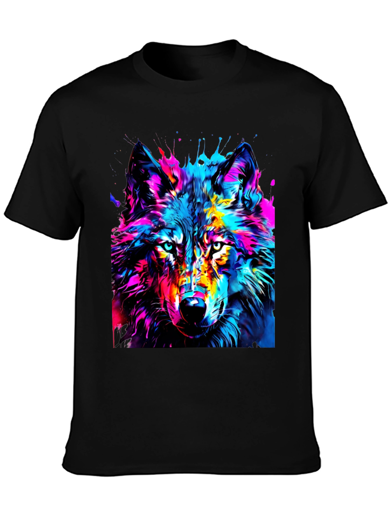 Colorful Wolf Graphic Black T-Shirt