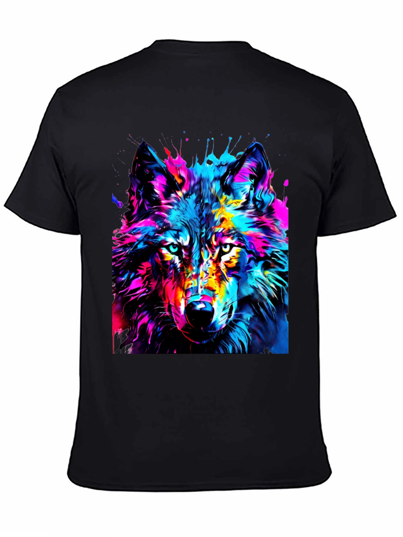 Colorful Wolf Graphic Black T-Shirt