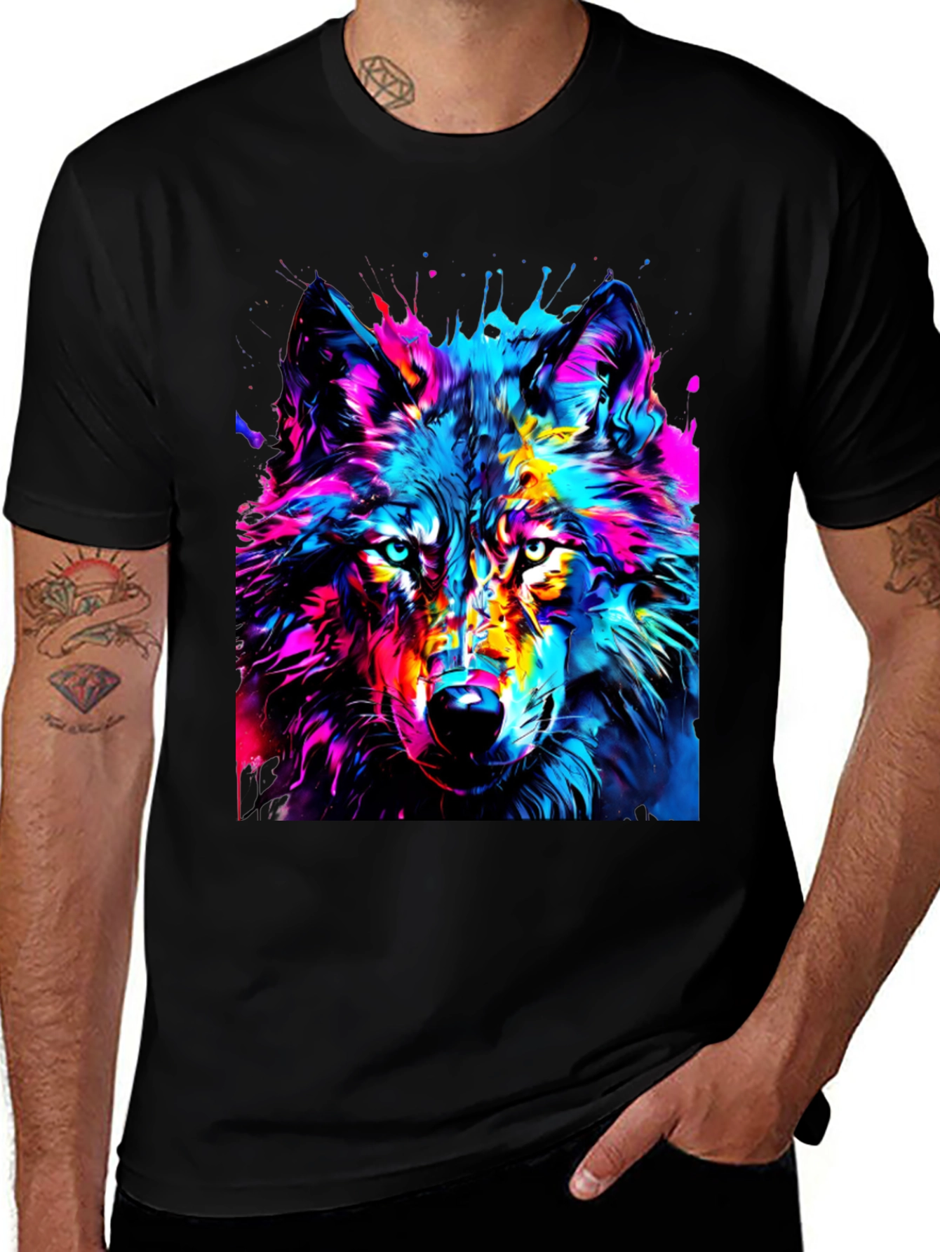 Colorful Wolf Graphic Black T-Shirt