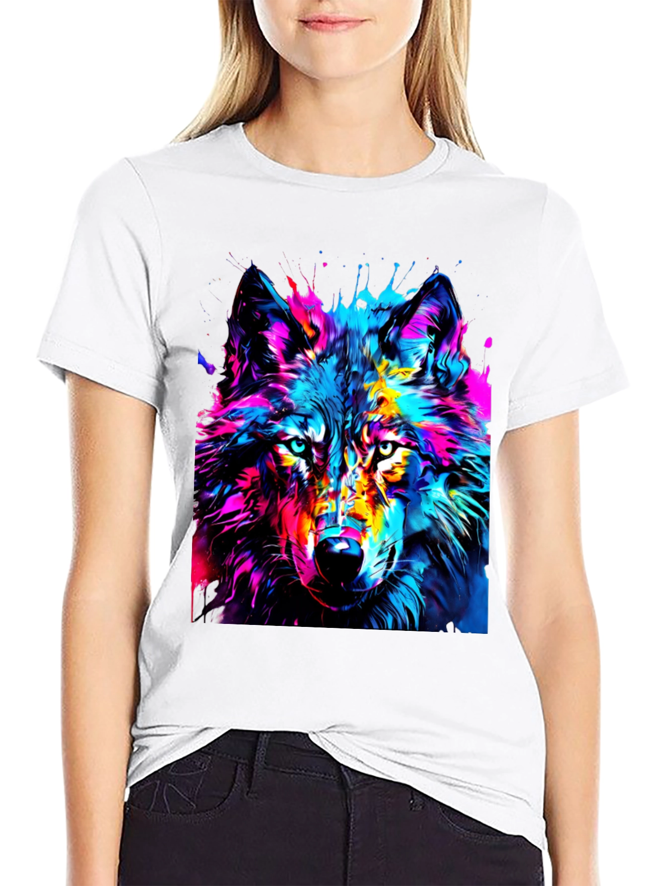 Colorful Wolf Graphic Black T-Shirt