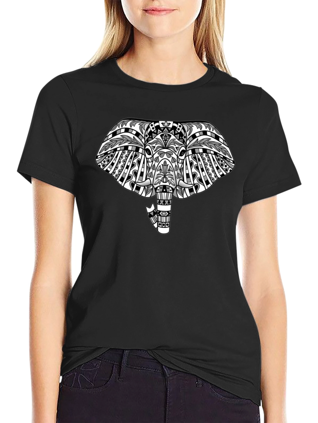 Tribal Elephant Graphic Tee - Black Cotton T-Shirt