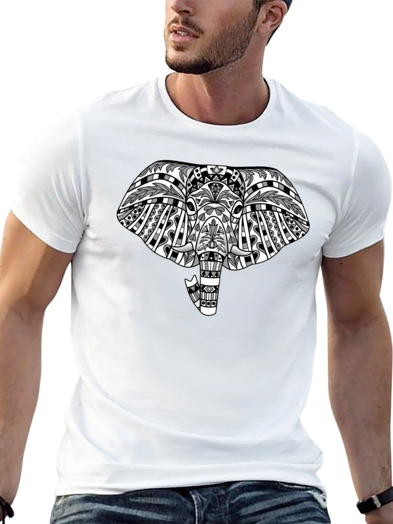 Tribal Elephant Graphic Tee - Black Cotton T-Shirt