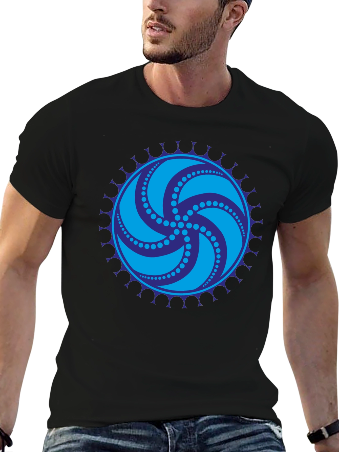 Black Tee with Geometric Swirl Design