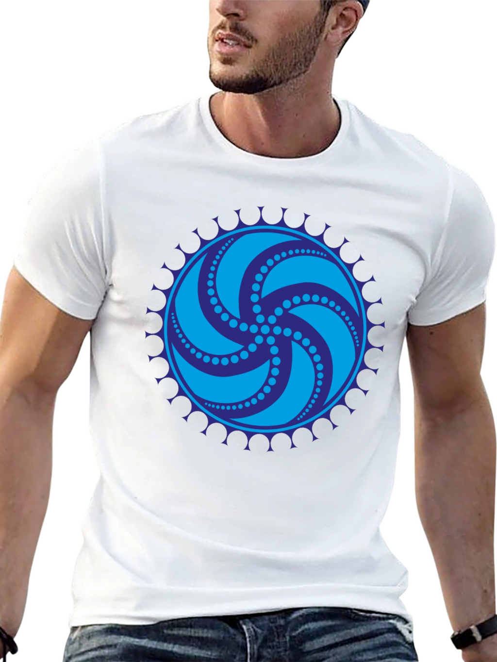 Black Tee with Geometric Swirl Design