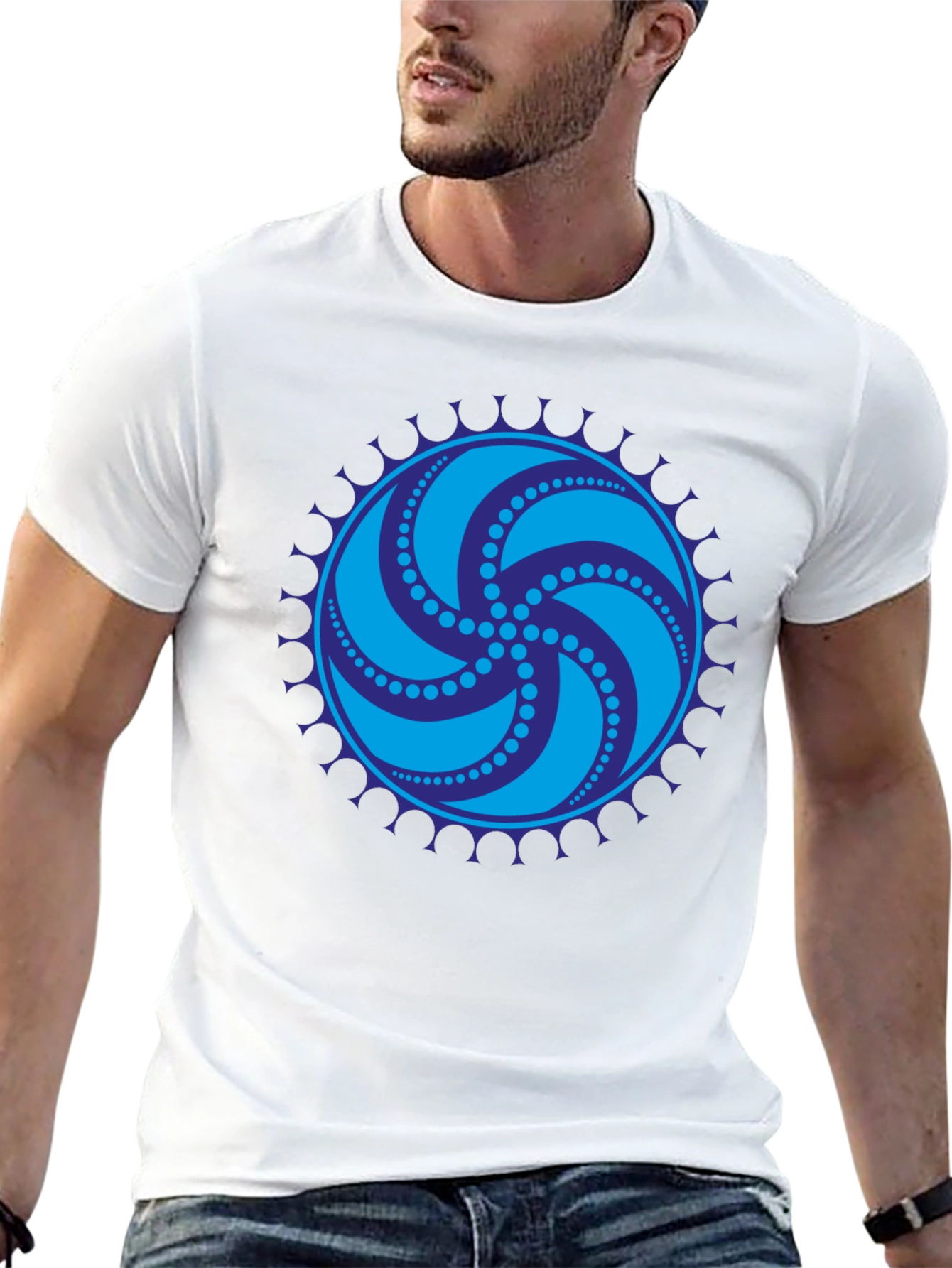 Black Tee with Geometric Swirl Design