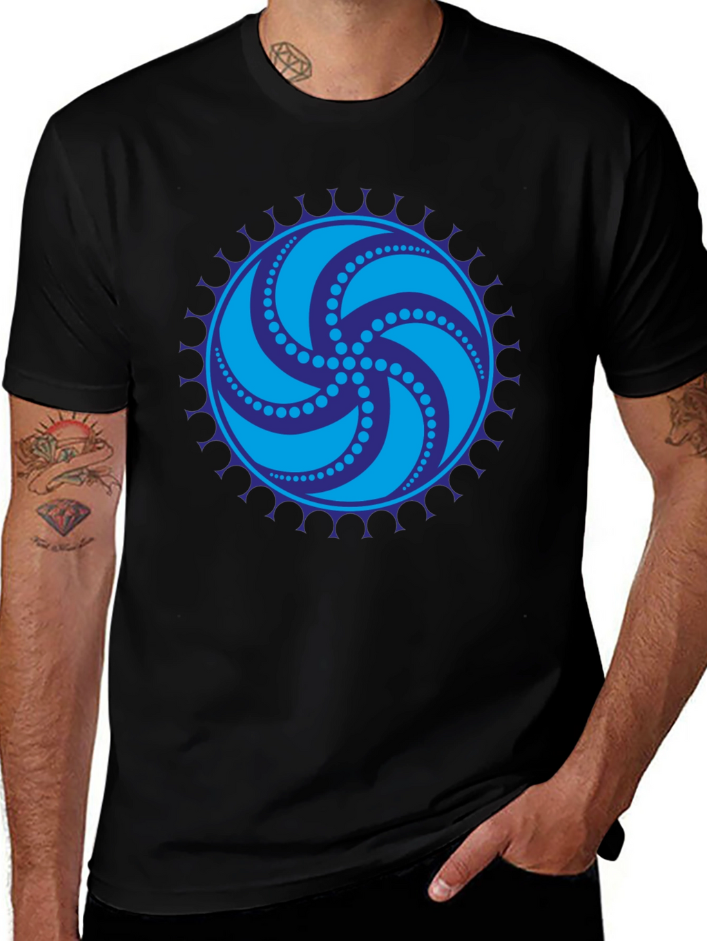 Black Tee with Geometric Swirl Design