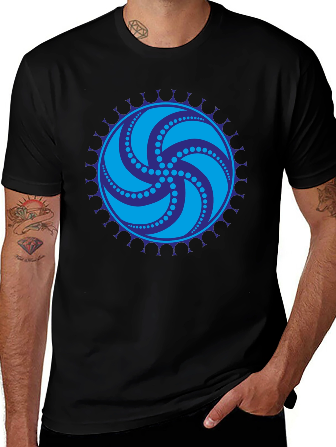 Black Tee with Geometric Swirl Design