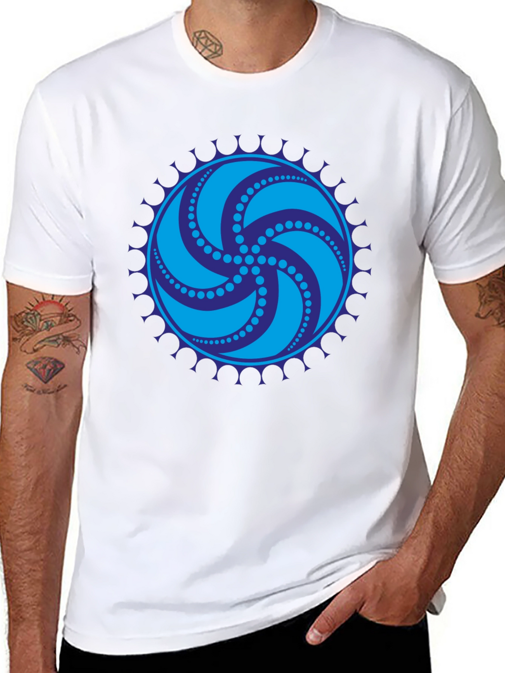 Black Tee with Geometric Swirl Design