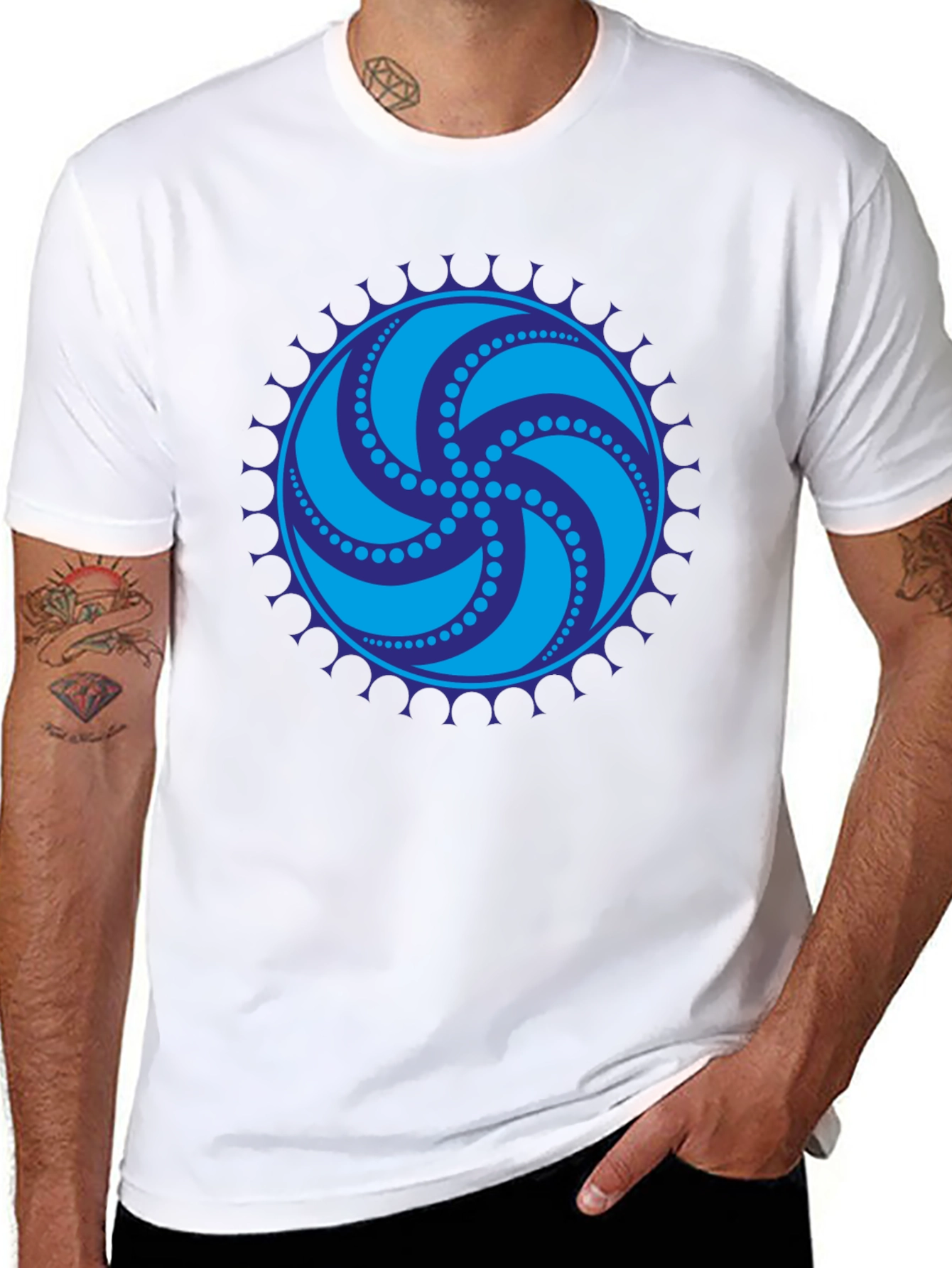 Black Tee with Geometric Swirl Design